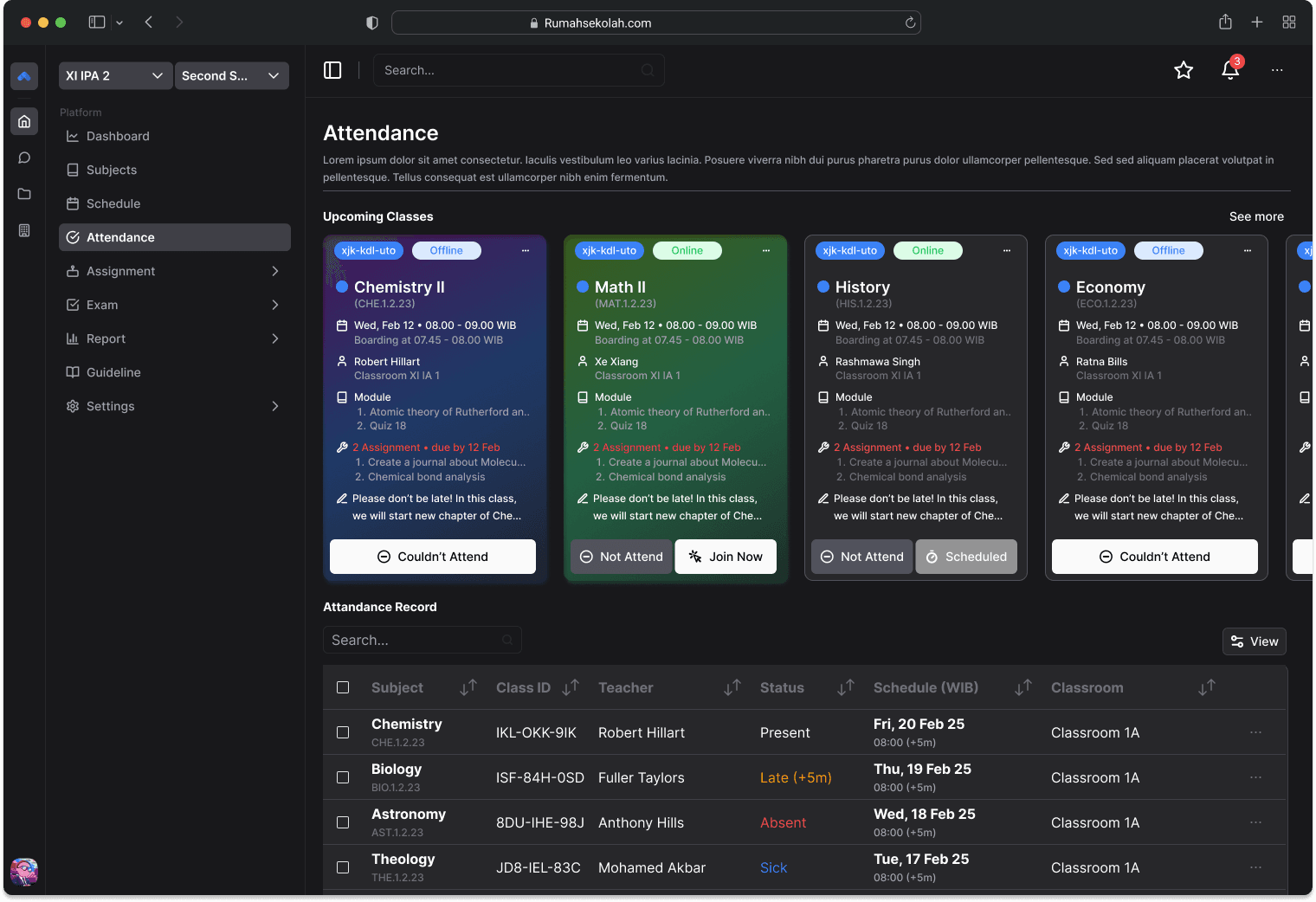 Screenshot of a Attendance showcase
